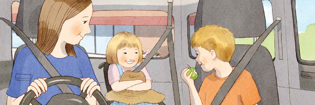 Illustration from A Dash of Adventure Children's Book featuring Millie and Dash having fun in the car with their Mum