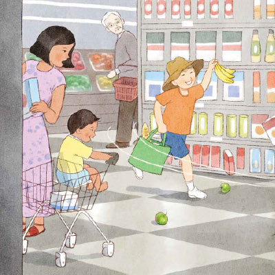 Illustration from A Dash of Adventure Children's Book featuring Dash having fun in the Supermarket